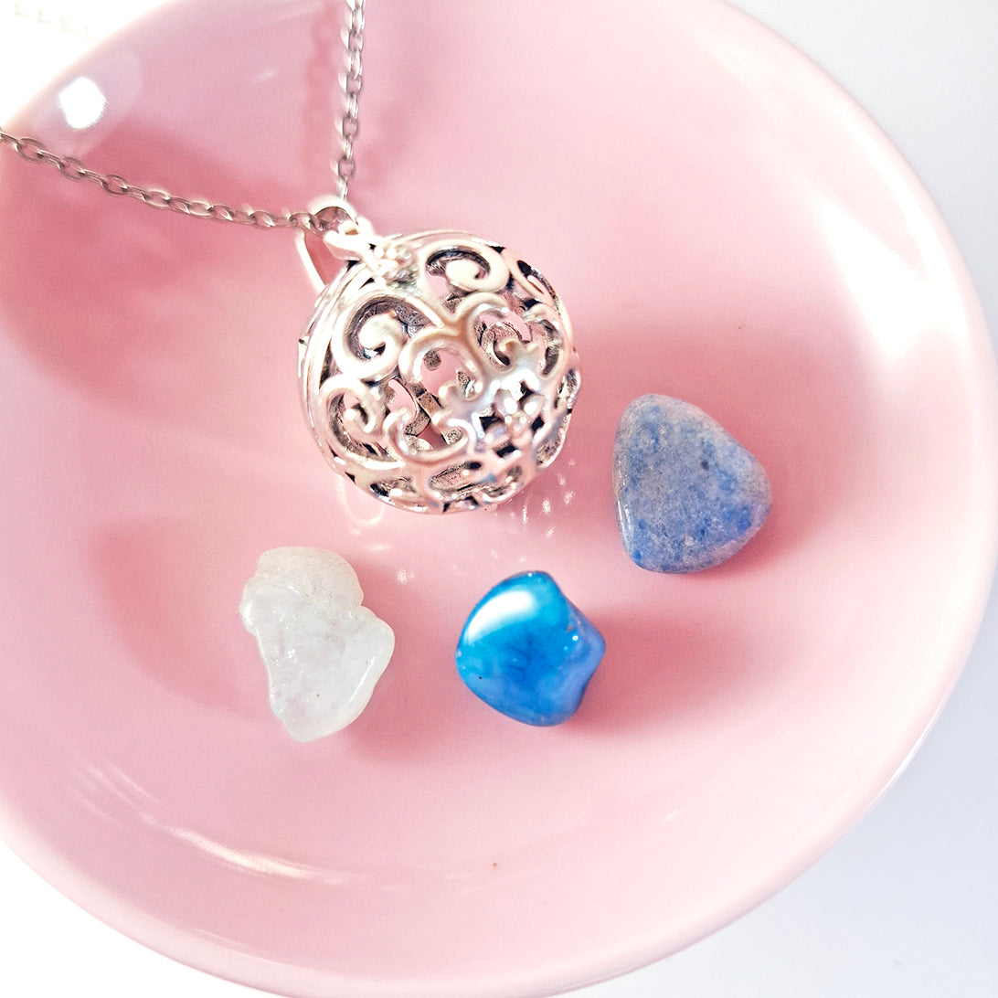 Jaula con Aguamarina, Ágata Azul y Cuarzo Azul